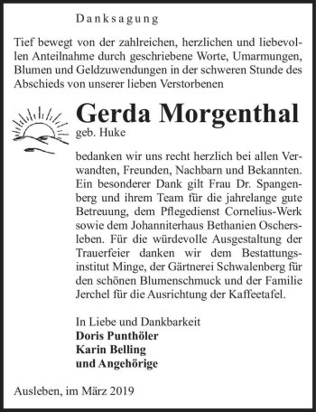Traueranzeige von Gerda Morgenthal (geb. Huke)  von Magdeburger Volksstimme