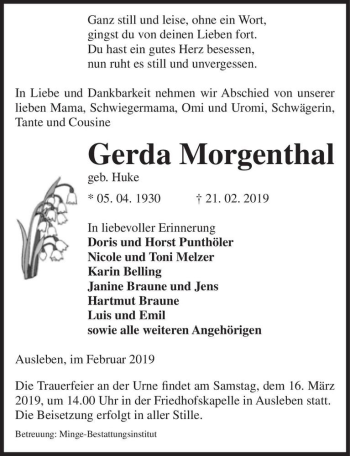 Traueranzeige von Gerda Morgenthal (geb. Huke)  von Magdeburger Volksstimme