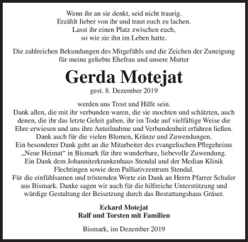 Traueranzeige von Gerda Motejat  von Magdeburger Volksstimme