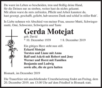 Traueranzeige von Gerda Motejat (geb. David)  von Magdeburger Volksstimme