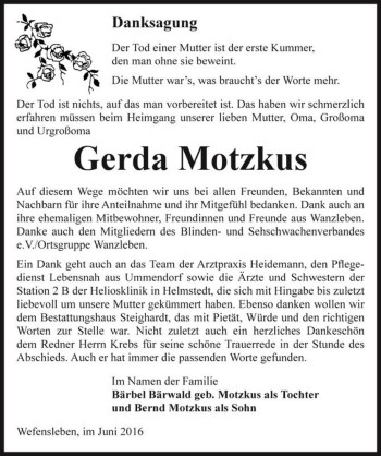 Traueranzeige von Gerda Motzkus  von Magdeburger Volksstimme