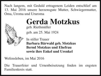 Traueranzeige von Gerda Motzkus (geb. Riethmüller)  von Magdeburger Volksstimme