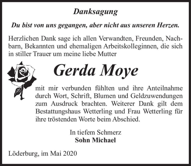  Traueranzeige für Gerda Moye  vom 23.05.2020 aus Magdeburger Volksstimme