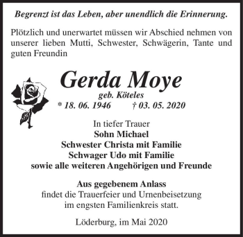 Traueranzeige von Gerda Moye (geb. Köteles)  von Magdeburger Volksstimme