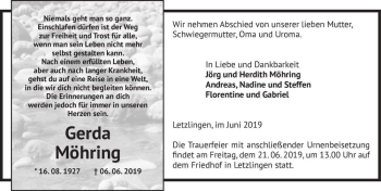 Traueranzeige von Gerda Möhring  von Magdeburger Volksstimme