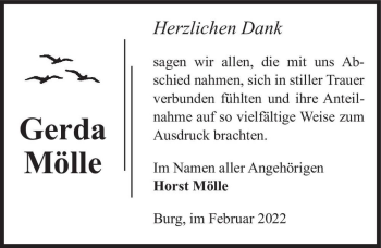 Traueranzeige von Gerda Mölle  von Magdeburger Volksstimme