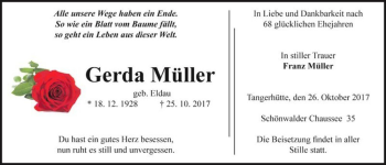 Traueranzeige von Gerda Müller (geb. Eldau)  von Magdeburger Volksstimme