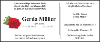 Traueranzeige von Gerda Müller (geb. Eldau)  von Magdeburger Volksstimme