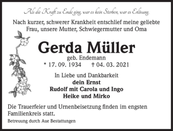 Traueranzeige von Gerda Müller (geb. Endemann)  von Magdeburger Volksstimme