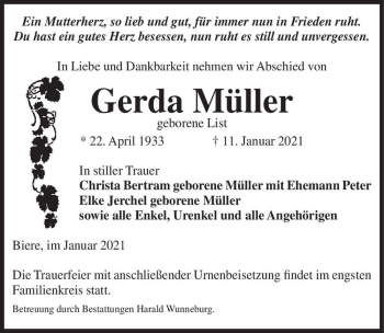 Traueranzeige von Gerda Müller (geb. List)  von Magdeburger Volksstimme