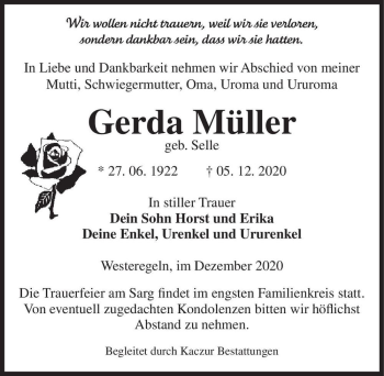 Traueranzeige von Gerda Müller (geb. Selle)  von Magdeburger Volksstimme