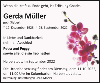 Traueranzeige von Gerda Müller (geb. Siebert)  von Magdeburger Volksstimme