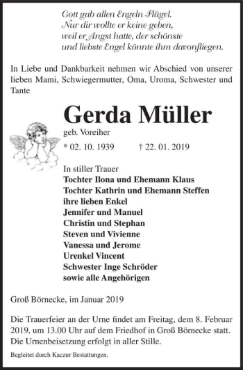 Traueranzeige von Gerda Müller (geb. Voreiher)  von Magdeburger Volksstimme