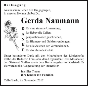 Traueranzeige von Gerda Naumann  von Magdeburger Volksstimme