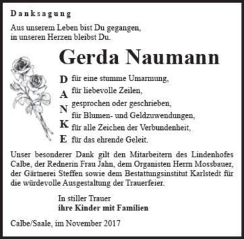 Traueranzeige von Gerda Naumann  von Magdeburger Volksstimme