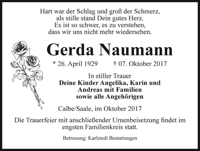  Traueranzeige für Gerda Naumann  vom 14.10.2017 aus Magdeburger Volksstimme