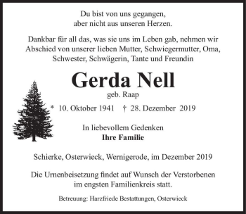 Traueranzeige von Gerda Nell (geb. Raap)  von Magdeburger Volksstimme
