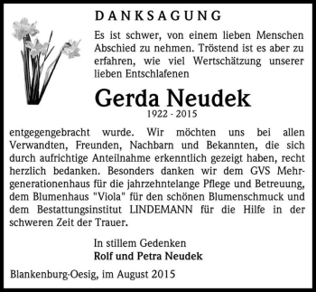 Traueranzeige von Gerda Neudek  von Magdeburger Volksstimme