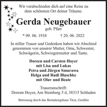 Traueranzeige von Gerda Neugebauer (geb. Pfarr)  von Magdeburger Volksstimme