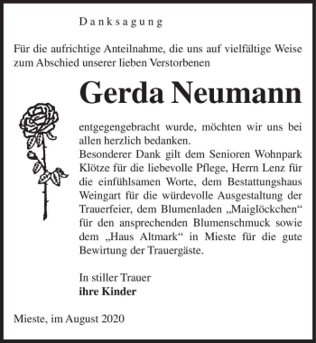 Traueranzeige von Gerda Neumann  von Magdeburger Volksstimme