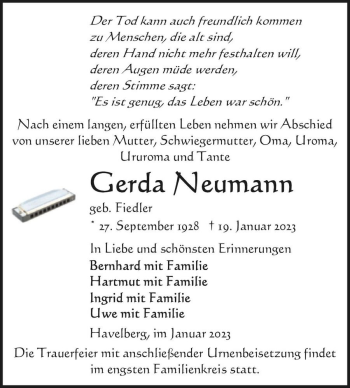 Traueranzeige von Gerda Neumann (geb. Fiedler)  von Magdeburger Volksstimme