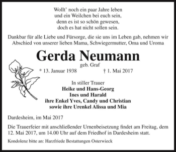 Traueranzeige von Gerda Neumann (geb. Graf)  von Magdeburger Volksstimme