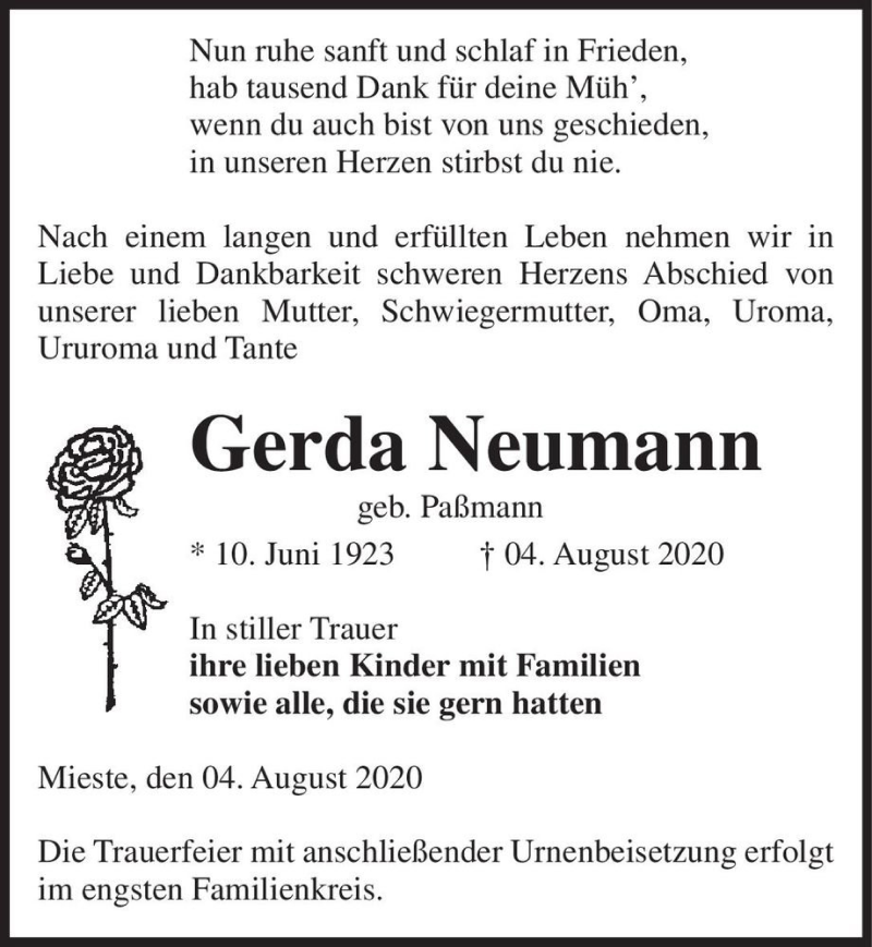  Traueranzeige für Gerda Neumann (geb. Paßmann)  vom 07.08.2020 aus Magdeburger Volksstimme