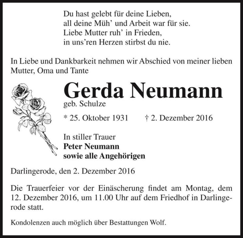  Traueranzeige für Gerda Neumann (geb. Schulze)  vom 07.12.2016 aus Magdeburger Volksstimme