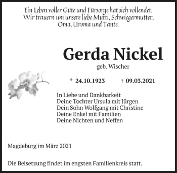 Traueranzeige von Gerda Nickel (geb. Wischer)  von Magdeburger Volksstimme