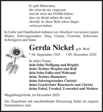 Traueranzeige von Gerda Nickel (geb. Wolf)  von Magdeburger Volksstimme