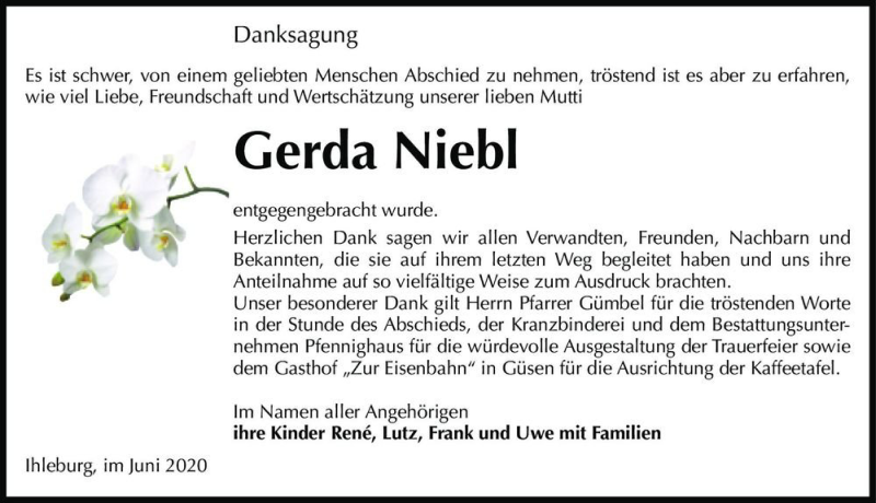  Traueranzeige für Gerda Niebl  vom 20.06.2020 aus Magdeburger Volksstimme