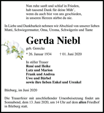 Traueranzeige von Gerda Niebl (geb. Gerecke)  von Magdeburger Volksstimme