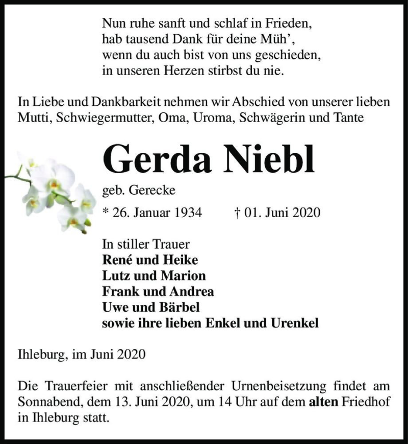  Traueranzeige für Gerda Niebl (geb. Gerecke)  vom 06.06.2020 aus Magdeburger Volksstimme