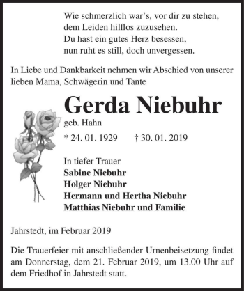 Traueranzeige von Gerda Niebuhr (geb. Hahn)  von Magdeburger Volksstimme