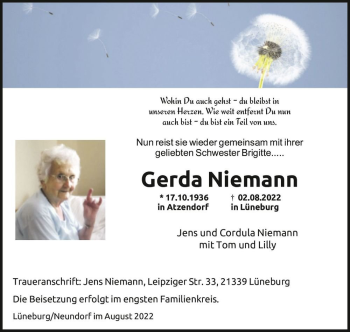 Traueranzeige von Gerda Niemann  von Magdeburger Volksstimme