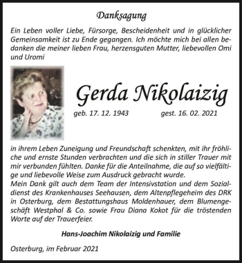 Traueranzeige von Gerda Nikolaizig  von Magdeburger Volksstimme
