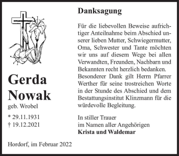 Traueranzeige von Gerda Nowak (geb. Wrobel)  von Magdeburger Volksstimme