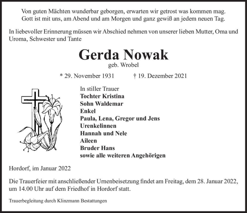  Traueranzeige für Gerda Nowak (geb. Wrobel)  vom 08.01.2022 aus Magdeburger Volksstimme