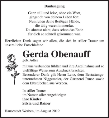 Traueranzeige von Gerda Obenauff (geb. Adler)  von Magdeburger Volksstimme