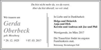 Traueranzeige von Gerda Oberbeck (geb. Meseberg)  von Magdeburger Volksstimme