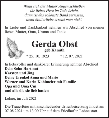Traueranzeige von Gerda Obst (geb. Kamith)  von Magdeburger Volksstimme