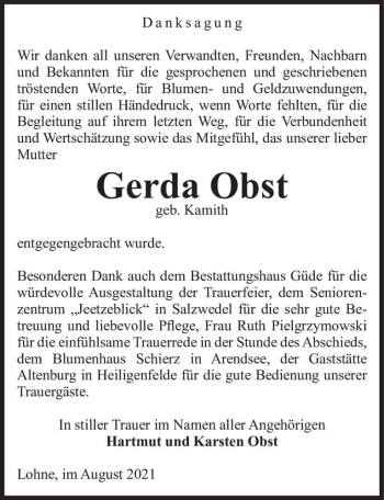Traueranzeige von Gerda Obst (geb. Kamith)  von Magdeburger Volksstimme