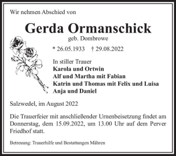 Traueranzeige von Gerda Ormanschick (geb. Dombrowe)  von Magdeburger Volksstimme