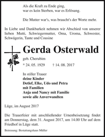 Traueranzeige von Gerda Osterwald (geb. Cherubim)  von Magdeburger Volksstimme