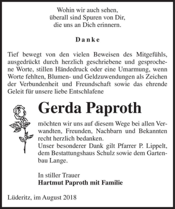 Traueranzeige von Gerda Paproth  von Magdeburger Volksstimme