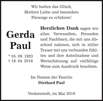 Traueranzeige von Gerda Paul  von Magdeburger Volksstimme