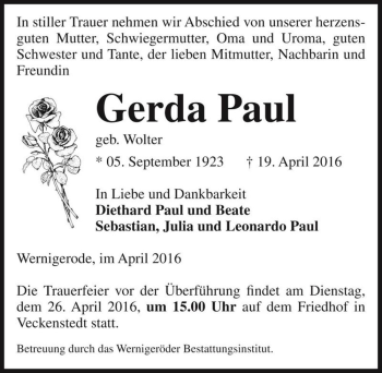 Traueranzeige von Gerda Paul (geb. Wolter)  von Magdeburger Volksstimme