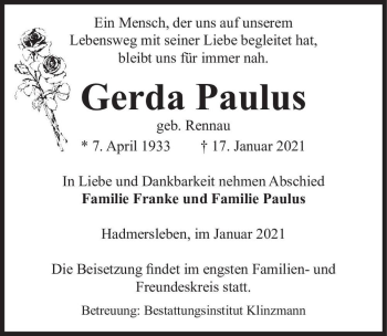 Traueranzeige von Gerda Paulus (geb. Rennau)  von Magdeburger Volksstimme