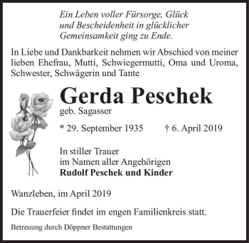 Traueranzeige von Gerda Perschek (geb. Sagasser)  von Magdeburger Volksstimme