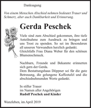Traueranzeige von Gerda Peschek  von Magdeburger Volksstimme